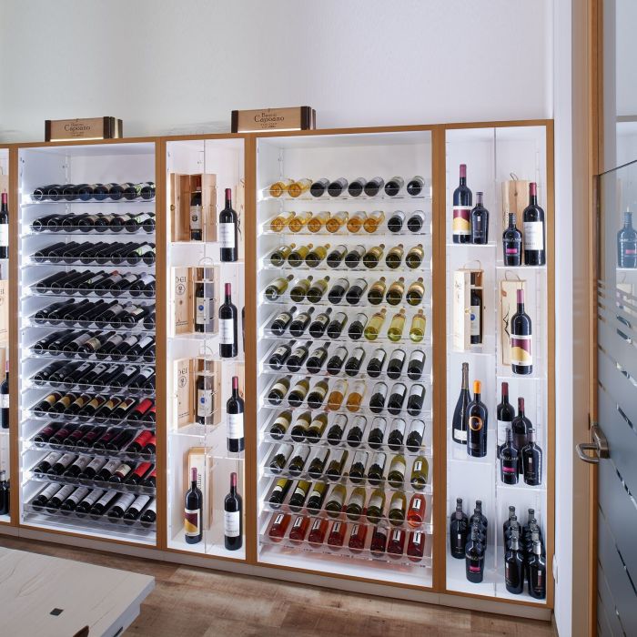 Wine rack system Piedmont, fir wood, white lacquered with light brown veneered alder edge